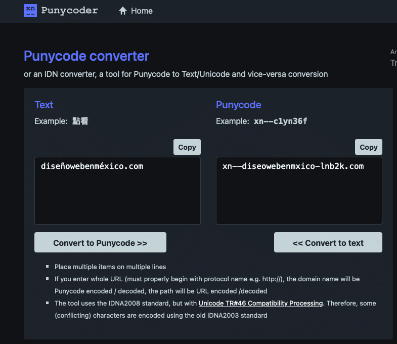 PunnyCode ventana para convertir nombre de dominio IDN